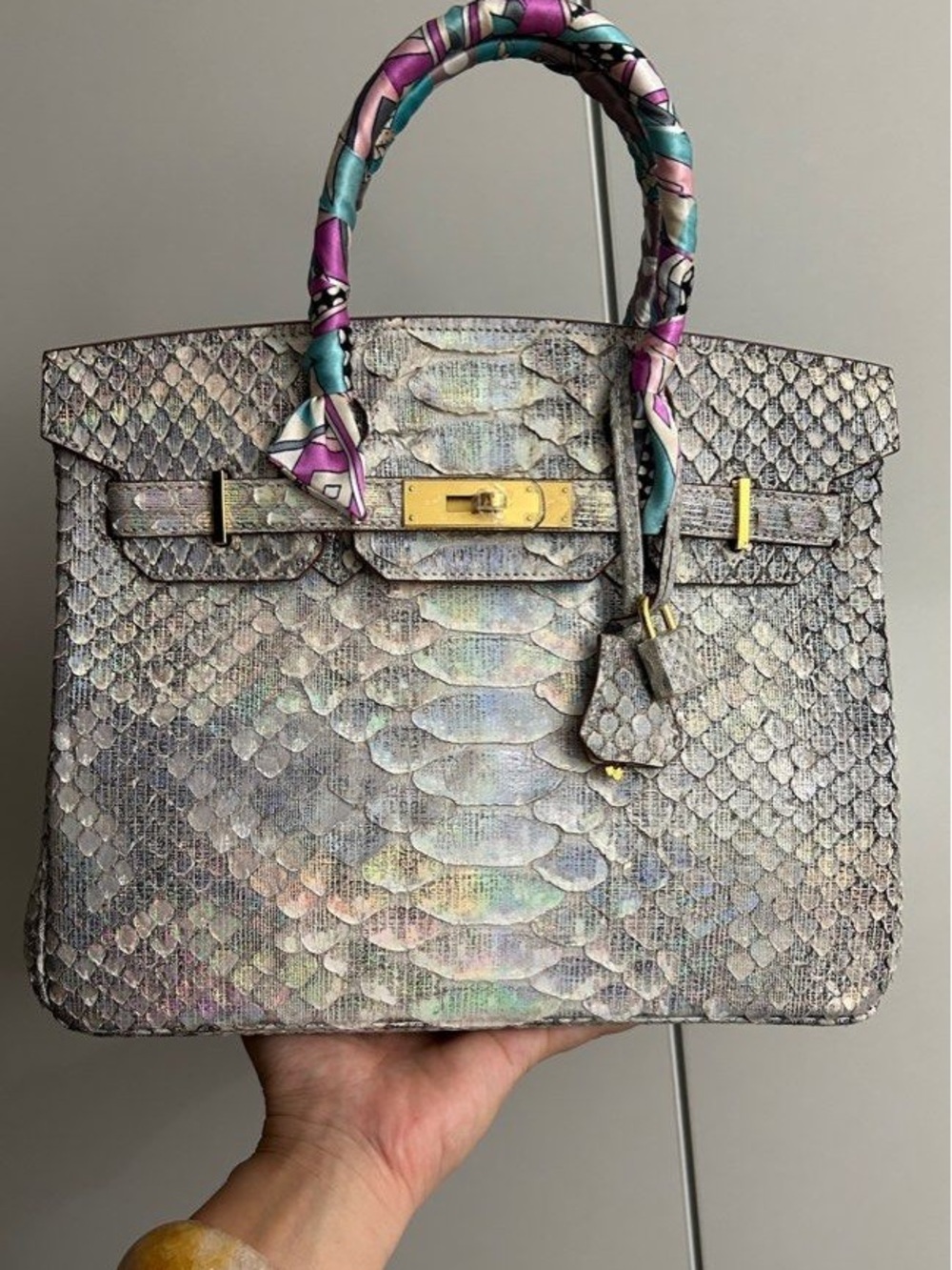 H Birkin 25 Metallic Silver genuine Python GHW Iridescent Reflective Handmade